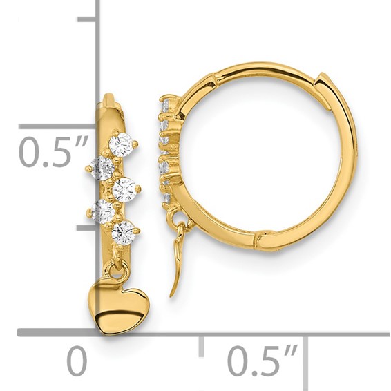 14k Madi K CZ Heart Dangle Hinged Hoop Earrings
