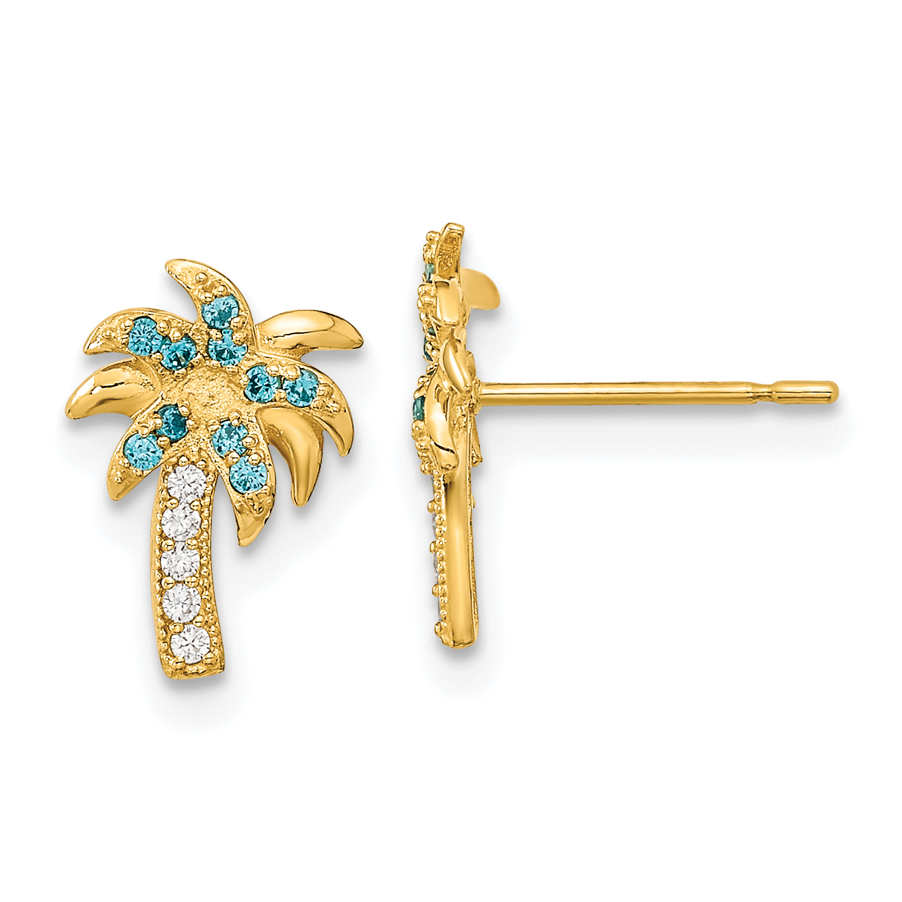 14k Madi K Blue & Clear CZ Palm Tree Post Earrings (GK911)