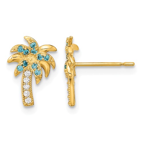 14K Yellow Gold Madi K Blue and Clear CZ Palm Tree Post Earrings