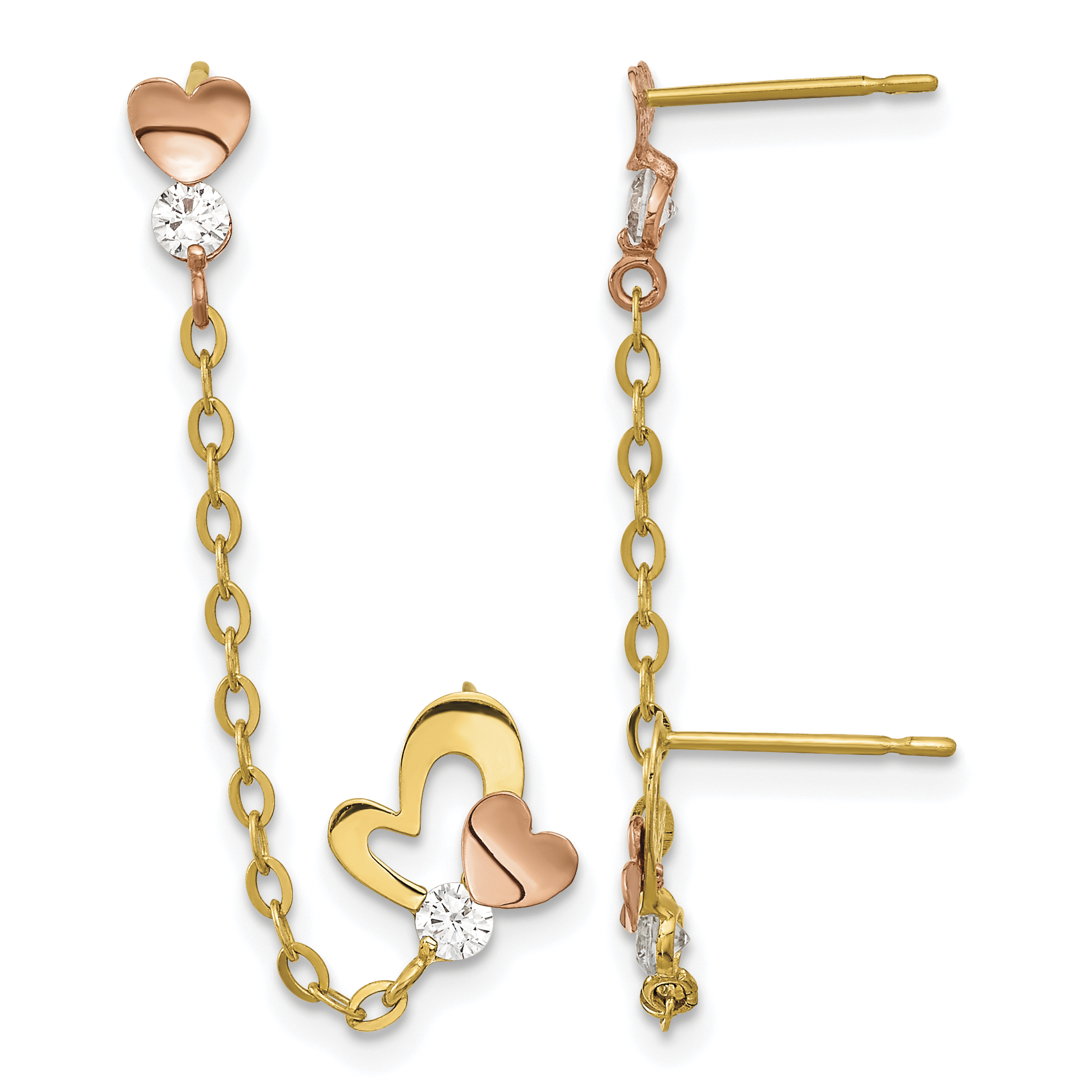 14k Madi K Two-tone CZ Double Post w/Chain Heart Earring (GK915)