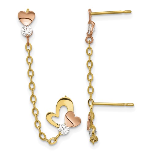 14K Madi K Two-tone CZ and Heart Double Post Earring with Chain Single