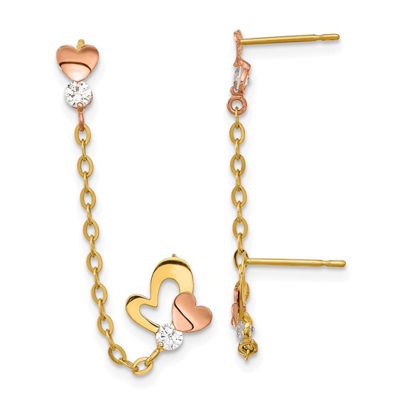 14k Madi K Two-tone CZ and Heart Double Post with Chain Single Earring