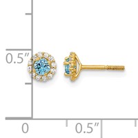 14K Yellow Gold Madi K Polished 3mm Round Blue and Clear CZ Halo Screwback Post Earrings view 3