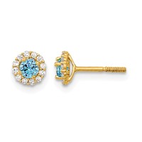 14K Yellow Gold Madi K Polished 3mm Round Blue and Clear CZ Halo Screwback Post Earrings view 1