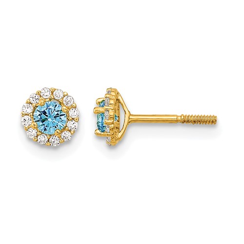 14K Yellow Gold Madi K Polished 3mm Round Blue and Clear CZ Halo Screwback Post Earrings