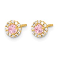 14K Yellow Gold Madi K Polished 3mm Round Pink and Clear CZ Halo Screwback Post Earrings view 2