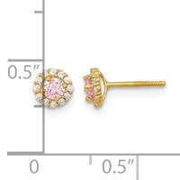14K Yellow Gold Madi K Polished 3mm Round Pink and Clear CZ Halo Screwback Post Earrings view 3
