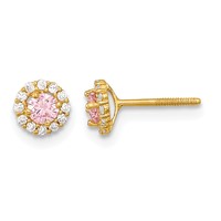 14K Yellow Gold Madi K Polished 3mm Round Pink and Clear CZ Halo Screwback Post Earrings view 1