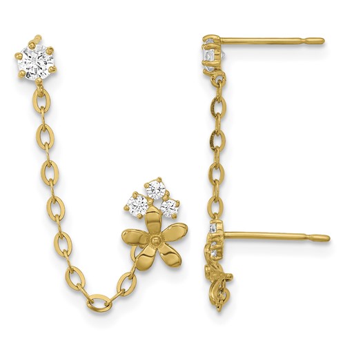 14K Yellow Gold Madi K CZ Flower Double Post Earring with Chain Single