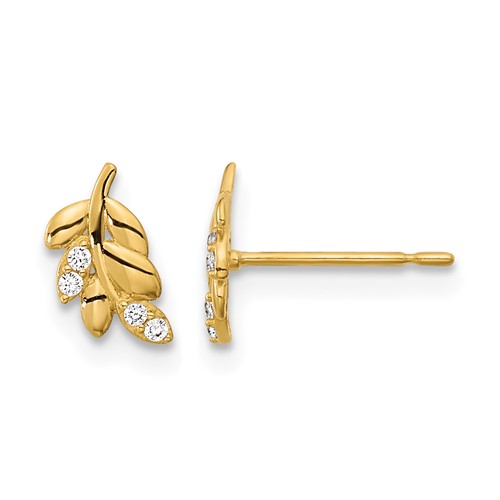 14K Yellow Gold Madi K Kids CZ Fern Leaf Post Earrings