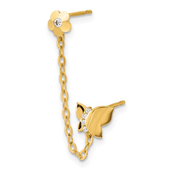 14k Madi K CZ Butterfly and Flower Double Post with Chain Single Earring