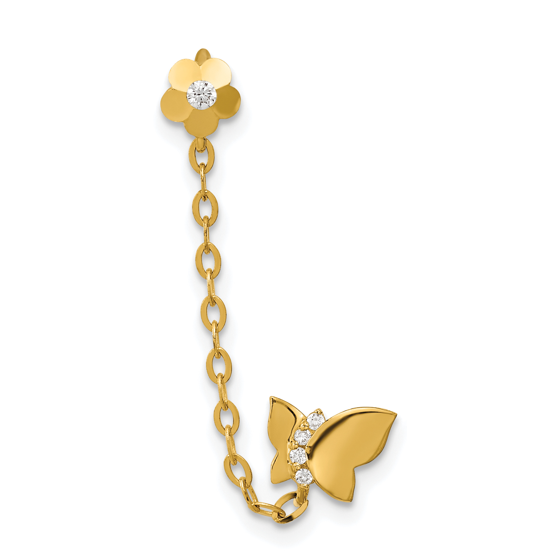 14k Madi K CZ Double Post w/Chain Butterfly & Flower Single Earring (GK942)