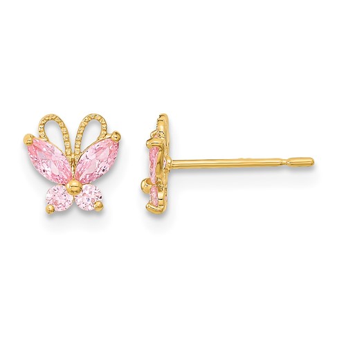 14K Yellow Gold Madi K Kids Pink CZ Butterfly Post Earrings