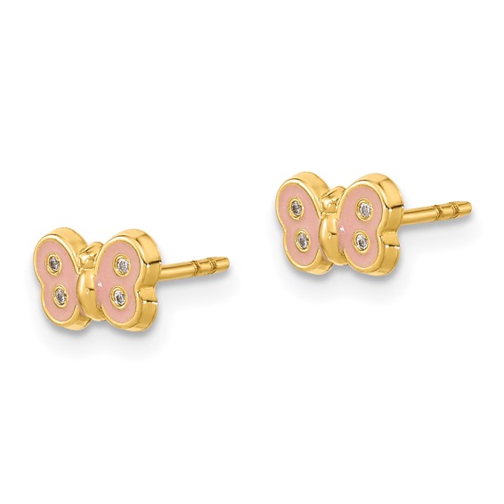 14k Madi K Polished Pink Enameled and CZ Butterfly Childrens Post Earrings
