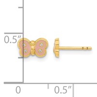 14K Yellow Gold Madi K Polished Pink Enameled and CZ Butterfly Post Earrings view 3