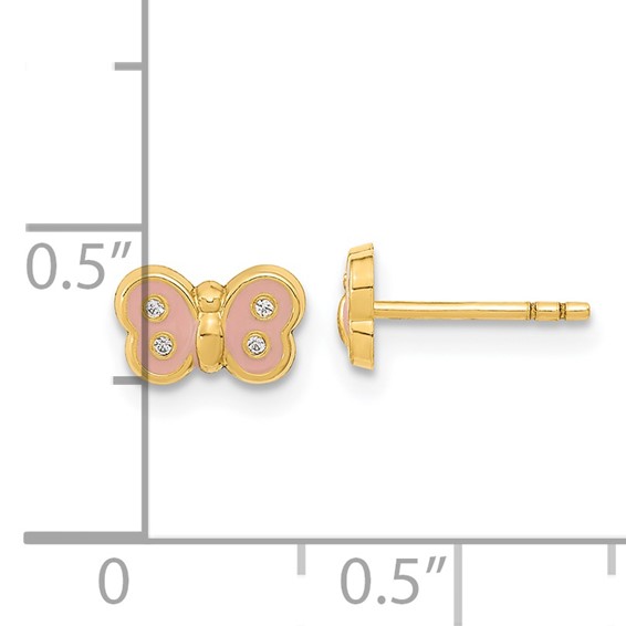 14k Madi K Polished Pink Enameled and CZ Butterfly Childrens Post Earrings