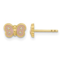 14K Yellow Gold Madi K Polished Pink Enameled and CZ Butterfly Post Earrings view 1
