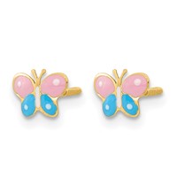 14K Yellow Gold Madi K Polished Pink and Blue Enameled Butterfly Screwback Post Earrings view 2