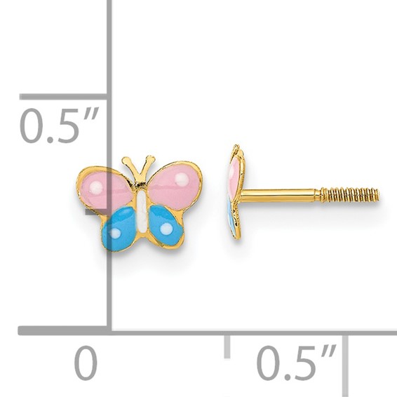 14k Madi K Polished Pink and Blue Enameled Butterfly Childrens Screwback Post Earrings