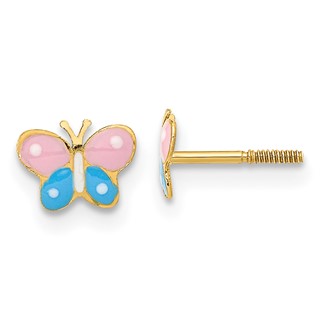 14k Madi K Polished Pink and Blue Enameled Butterfly Childrens Screwback Post Earrings