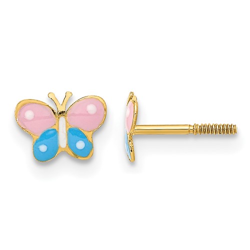 14K Yellow Gold Madi K Polished Pink and Blue Enameled Butterfly Screwback Post Earrings