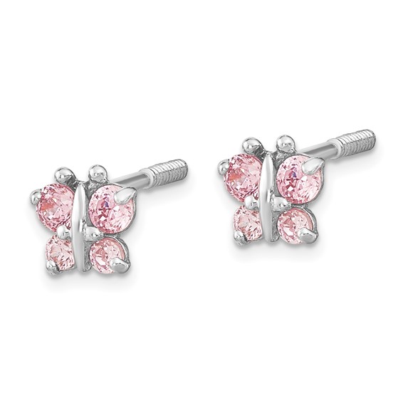 14k White Gold Madi K Polished Pink CZ Butterfly Childrens Screwback Post Earrings