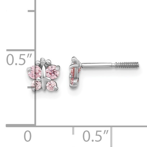 14k White Gold Madi K Polished Pink CZ Butterfly Childrens Screwback Post Earrings