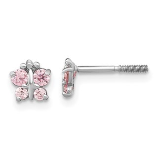 14k White Gold Madi K Polished Pink CZ Butterfly Childrens Screwback Post Earrings