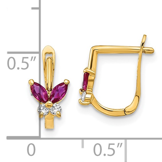 14k Madi K Polished Red and White CZ Butterfly Childrens Hinged Earrings