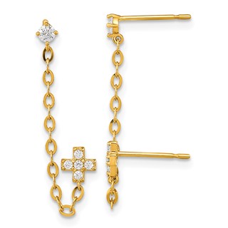 14k Madi K CZ Cross Double Post with Chain Single Earring