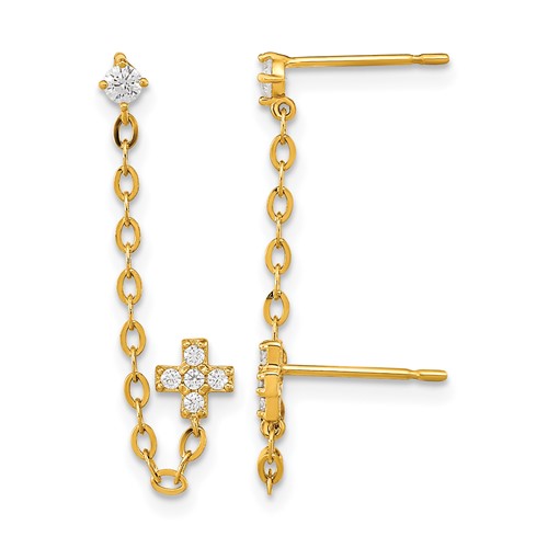 14K Yellow Gold Madi K CZ Cross Double Post Earring with Chain Single