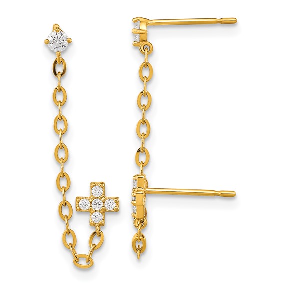 14k Madi K CZ Cross Double Post with Chain Single Earring