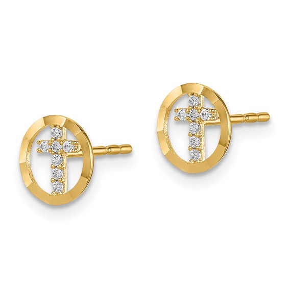 14k Madi K CZ Diamond-Cut Circle Cross Childrens Post Earrings