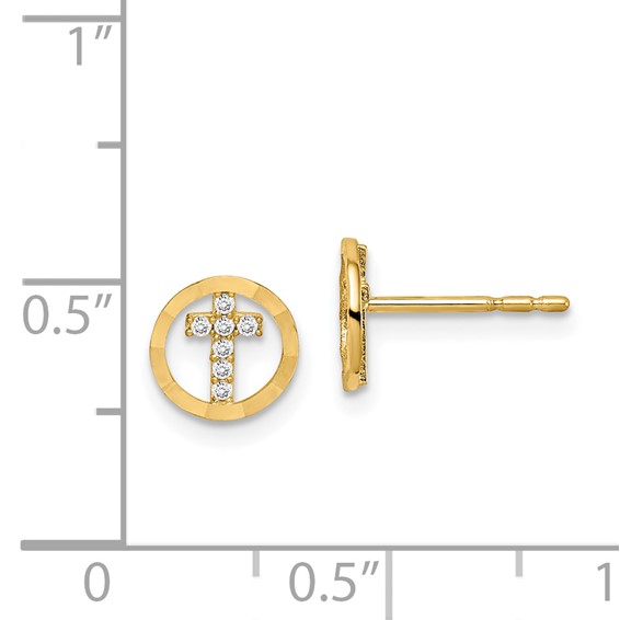 14k Madi K CZ Diamond-Cut Circle Cross Childrens Post Earrings