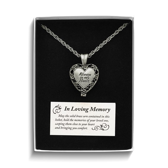 ALWAYS IN MY HEART Silver-tone Antiqued Heart Locket Memorial with Brass Ash Holder 24 inch Necklace with Message Card