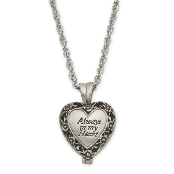 ALWAYS IN MY HEART Silver-tone Antiqued Heart Locket Memorial with Brass Ash Holder 24 inch Necklace with Message Card