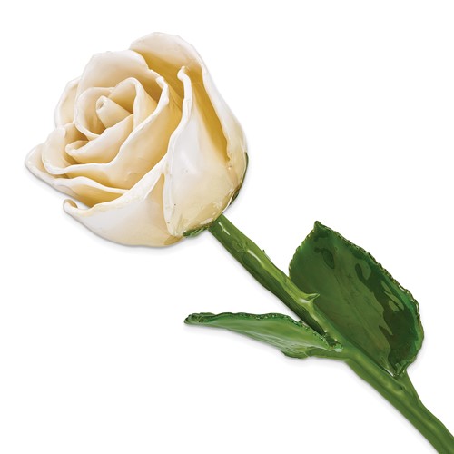 Cream White Lacquer Dipped Natural Rose with Green Leaves and Stem