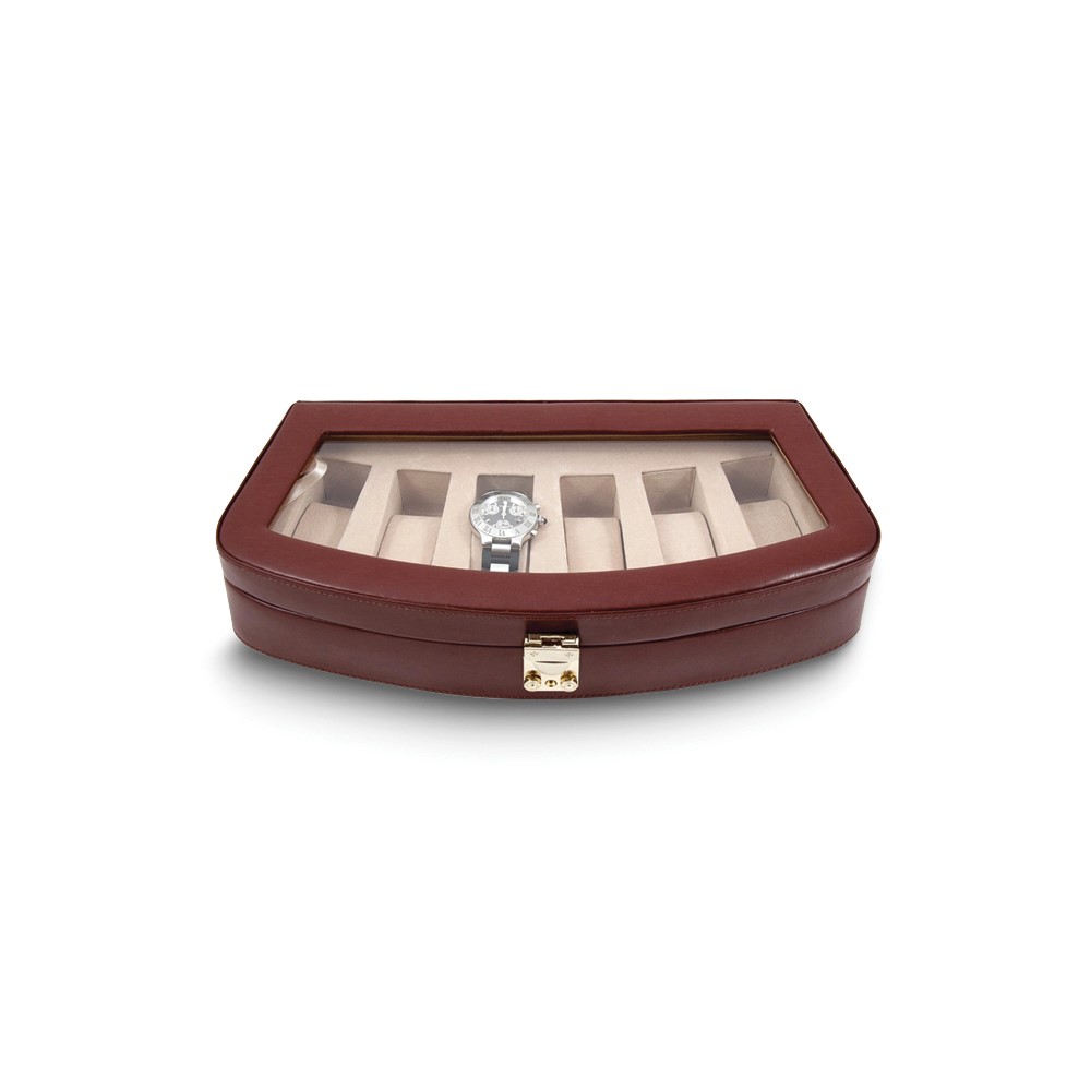 Brown Leather 6 Watch Case with Glass Top and Lock