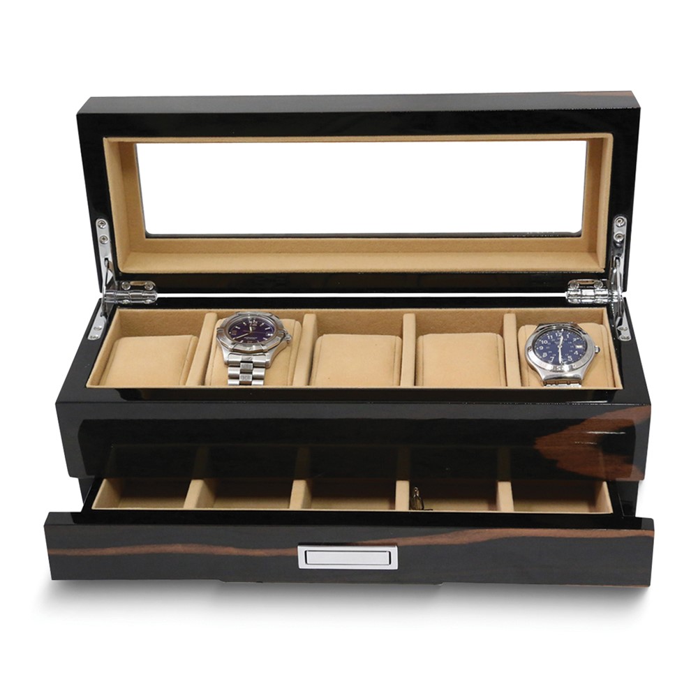 Lacquered Ebony Finish Wood w/Glass Top & Drawer 5 Watch Box