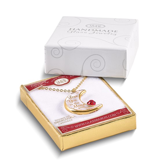 Glass Baron 22K Gilding Accent Gold-trim Clear Glass with Red Crystal from Swarovski Heart LOVE YOU TO THE MOON AND BACK 18 inch Gold-tone Necklace