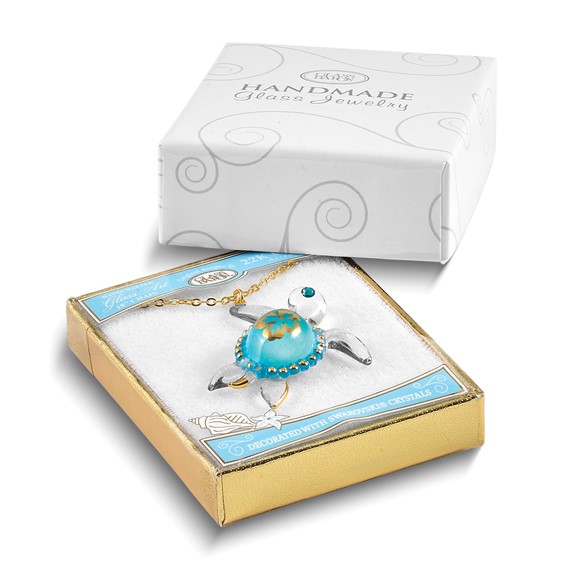 Glass Baron 22K Gilding Accent Gold-trim Blue Glass with Crystal from Swarovski Accent Sea Turtle Aloha 18 inch Gold-tone Necklace