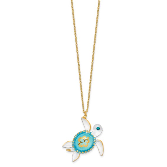 Glass Baron 22K Gilding Accent Gold-trim Blue Glass with Crystal from Swarovski Accent Sea Turtle Aloha 18 inch Gold-tone Necklace