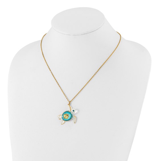 Glass Baron 22K Gilding Accent Gold-trim Blue Glass with Crystal from Swarovski Accent Sea Turtle Aloha 18 inch Gold-tone Necklace