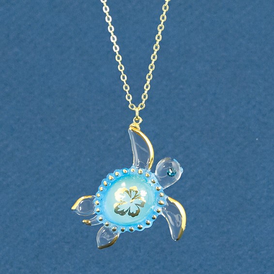 Glass Baron 22K Gilding Accent Gold-trim Blue Glass with Crystal from Swarovski Accent Sea Turtle Aloha 18 inch Gold-tone Necklace
