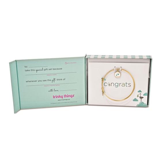 Gold-tone Trinky Things Congrats Blue Stork Bracelet/Card