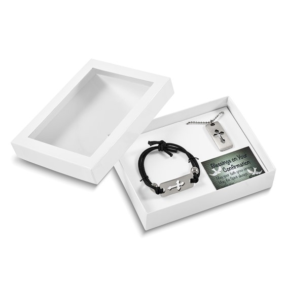 Silver-tone Cut-out Cross on Stretch Cord Bracelet and Dog Tag 18 inch Necklace Gift Set