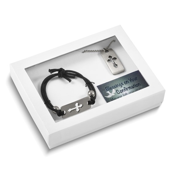 Silver-tone Cut-out Cross on Stretch Cord Bracelet and Dog Tag 18 inch Necklace Gift Set