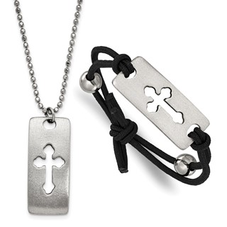 Silver-tone Cut-out Cross on Stretch Cord Bracelet and Dog Tag 18 inch Necklace Gift Set