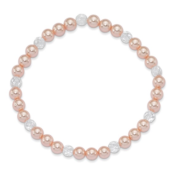 4mm Pink Imitation Shell Pearl and Faceted Clear Crystal Bead Stretch Bracelet with Pink Gift Pouch