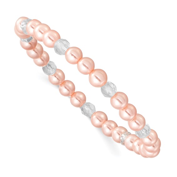 4mm Pink Imitation Shell Pearl and Faceted Clear Crystal Bead Stretch Bracelet with Pink Gift Pouch